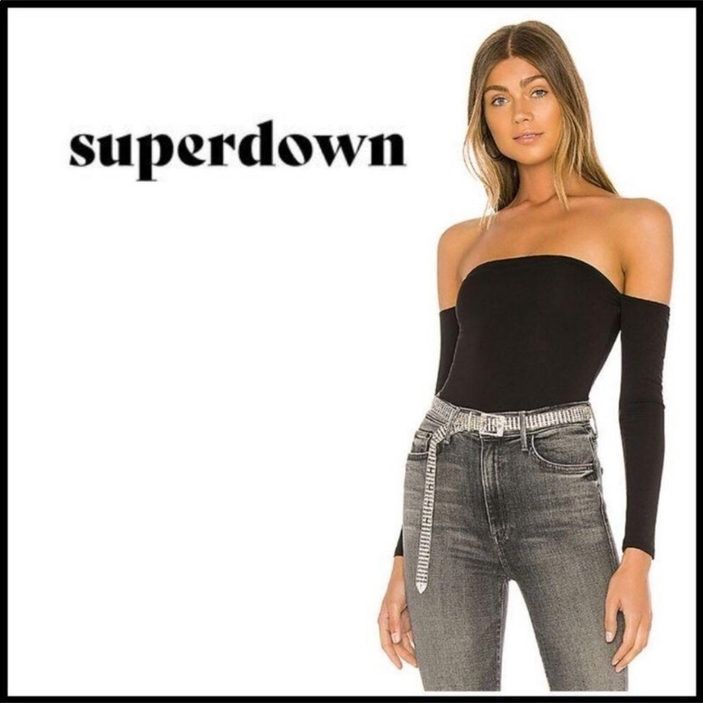Superdown Revolve Ayesha Off Shoulder Bodysuit Top Black Sexy Shirt Onesie Shirt